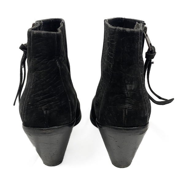 All Saints Womens Jonas‎ Leather Ankle Bootie 41 Black Embossed Nubuck Heeled - Picture 7 of 12
